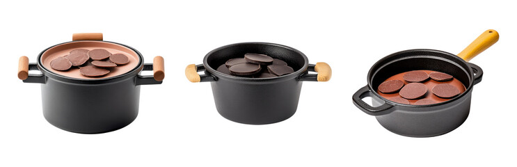 Isolated Cooking Pots with Chocolate Pieces on Transparent Background