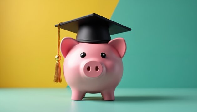 Piggy bank wearing graduation cap. Concept of education savings finance. Represents education investment student loan, scholarship for future. Conceptual image of financial planning for college