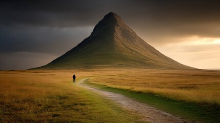 Lone figure walking toward mountain peak at sunrise, symbolic path of spiritual awakening
