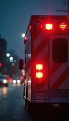 Rear view ambulance emergency lights on city street at night. Emergency medical service vehicle, siren lights. Ambulance car with flashing red lights during rescue transportation. Medical help, first