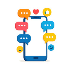 Smartphone with colorful chat bubbles, vibrant text bubbles reflecting communication, perfect for social media themes. Isolated on white background or PNG