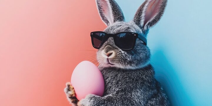 Gray bunny in sunglasses holding a pink egg - Powered by Adobe