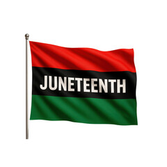 Vibrant Juneteenth flag waving, bold colors of red, black, green celebrating freedom and heritage, ideal for cultural events. Isolated on white background or PNG