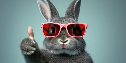 Gray bunny with pink sunglasses gives thumbs up