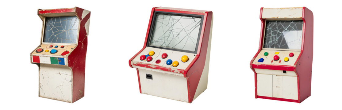 Isolated Vintage Arcade Game Cabinets on Transparent Background