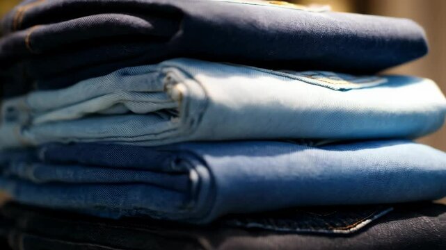 Stacked jeans display various blue shades, showcasing different denim washes and folded textures in a close-up view.