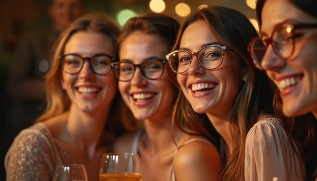 Group of happy women celebrate, laughing at indoor party. Ladies wear eyeglasses. Festive mood, blurred background with drinks glasses, joyful smiles. Perfect for celebration, events, social - Powered by Adobe