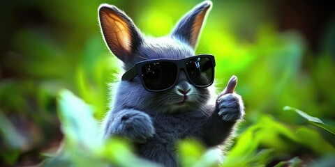 Cute bunny in sunglasses giving thumbs up