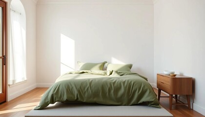 Crisp white walls, muted green linen bedding, simple wood nightstand, sunlight,   room,  wood