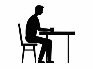 A man's silhouette sitting at a desk with a coffee cup, in an office chair vector illustration design