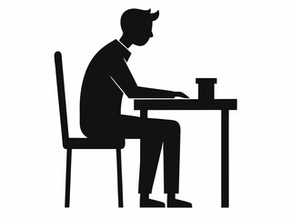 A man's silhouette sitting at a desk with a coffee cup, in an office chair vector illustration design