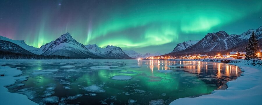 Breathtaking aurora borealis northern lights over frozen lake at night. Vivid green lights reflect in water. Mountain landscape, winter scenery. Stars in sky, cold, serene, calm, peaceful, beautiful,