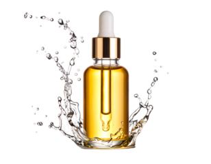 Golden dropper bottle with splashing water. Transparent background.