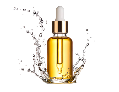 Golden dropper bottle with splashing water. Transparent background.