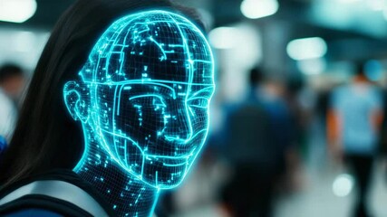 A woman with a glowing digital face overlay stands in a busy, modern environment, symbolizing the blend of humanity and technology. - Powered by Adobe