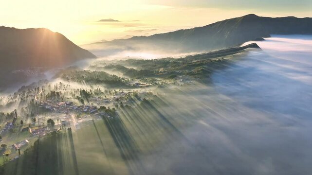 Aerial view of beautiful morning, Mount Bromo. Located in Bromo, Tengger, Semeru National Park, East Java, Indonesia.
