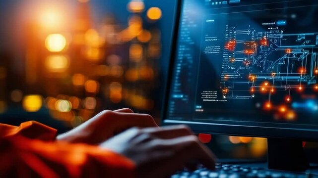 A person working at a computer with code and digital schematics visible on the screen in a city night setting.