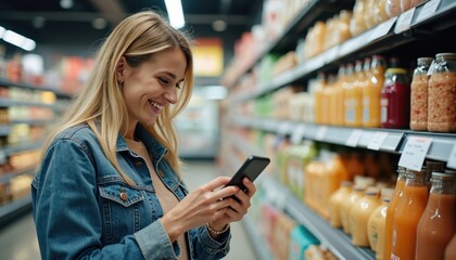 Happy woman uses smartphone in supermarket. She smiles looks at phone while choosing food. Smiling female customer in grocery store, shopping and buying food. Lifestyle, retail, consumerism.