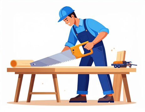 Smiling Carpenter Using Hand Saw On Wooden Plank