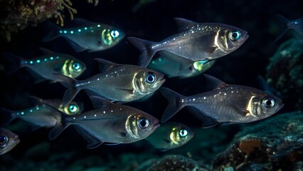Shimmering shoal of flashlight fish glows in the ocean's mysterious depths Generative AI