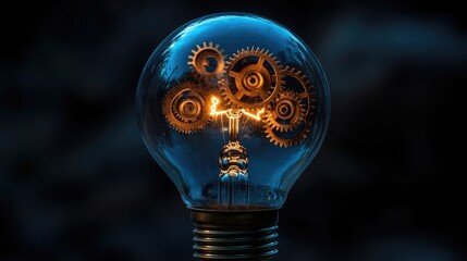 Illuminated gears within a glowing lightbulb