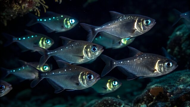 Shimmering shoal of flashlight fish glows in the ocean's mysterious depths Generative AI