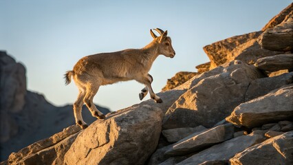 Markhor kid leaps gracefully among towering mountain rocks at sunset Generative AI