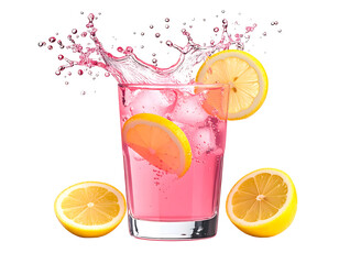 Pink lemonade splashing into a glass. Transparent background.