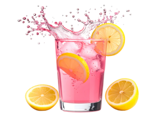 Pink lemonade splashing into a glass. Transparent background.