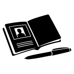 Open passport with pen in black style, travel approval and paperwork