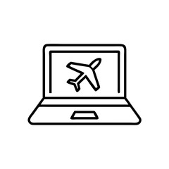 Laptop with airplane icon in outline style, travel booking concept