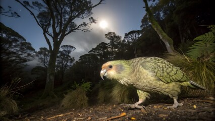 Kakapo parrot explores the forest floor under the moonlight Generative AI