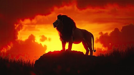 Majestic lion silhouette at African sunset