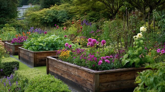 Elevated garden beds filled with colorful flowers and lush greenery in a well maintained garden space