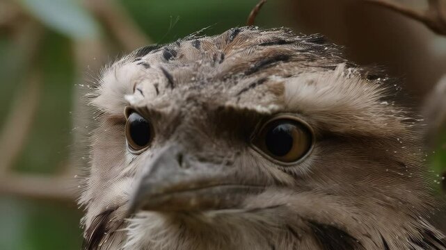 A close-up of a Tawny Frogmouth bird with striking eyes perched amongst leafy branches looking at the camera with a curious gaze.