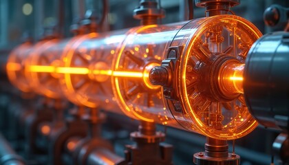 Fototapeta premium Futuristic industrial tech illustration transparent glowing energy shell heat exchangers with pipes. High-tech fuel, gas, liquid, energy, oil refinery equipment. Innovation, tech, industry, power,