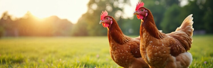 Fototapeta premium Two brown hens stand in green field. Natural light from sunrise or sunset. Concept of farming agriculture poultry production. Birds with red crests and beaks look sideways.