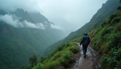 Obraz premium Hiker walks mountain trail, rain, fog. Rich green valleys, mist rolls slopes. Solitary figure wears raincoat. Rugged beauty nature exploration. Peaceful scene.