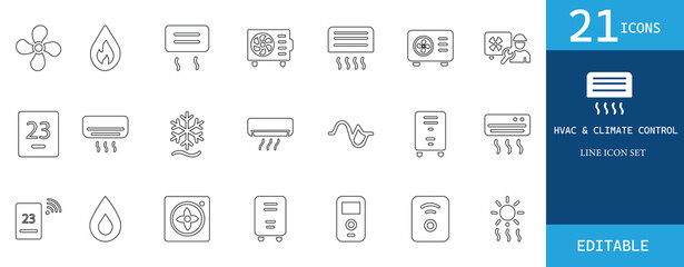HVAC and climate control icon set featuring air conditioning, cooling, heating, fan, thermostat, ventilation, filter, temperature, energy, and humidity symbols