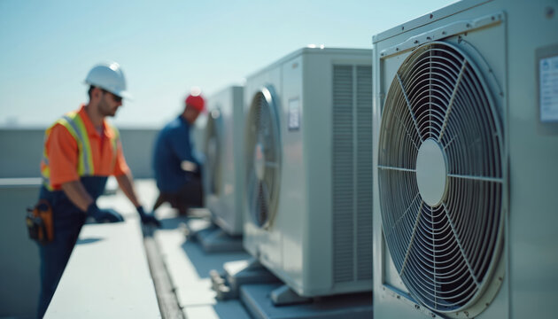 HVAC technicians install air conditioning units on commercial building rooftop. Men in workwear set up cooling system, ensuring efficient climate control. Expertise, service, maintenance.