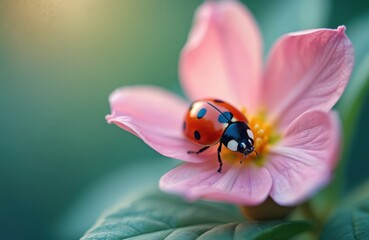 Fototapeta premium Ladybug sits on pink flower in soft focus. Red insect with black spots on flower petals. Summer, nature, wildlife, insect macro photography. Decorative plant, floral design.