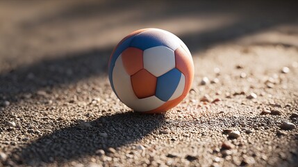 A colorful soccer ball rests on a gravel surface casting a shadow in the bright outdoor sunlight day