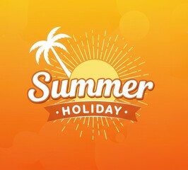 Summer holidays template featuring modern typography, a sun, and a palm tree against an orange and yellow background for summertime.