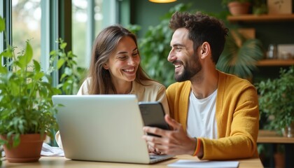 Happy colleagues with technology at green cafe. Young couple use laptop, smartphone, enjoy light-hearted moment in plant-filled cafe. Smiling, working, discussing project. Modern workplace, teamwork,