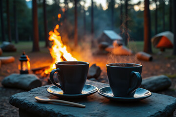 Two cups of coffee sitting on a rock next to a campfire