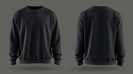 Front and back view of a black sweatshirt on a gray background for clothing apparel and fashion design