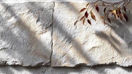 Light beige stone blocks with shadow patterns and foliage.
