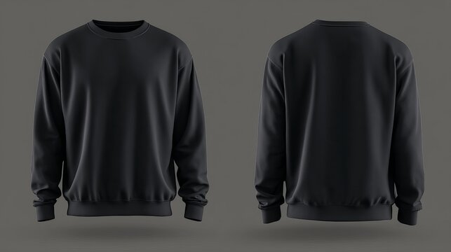 Front and back view of a black sweatshirt on a gray background for clothing apparel and fashion design