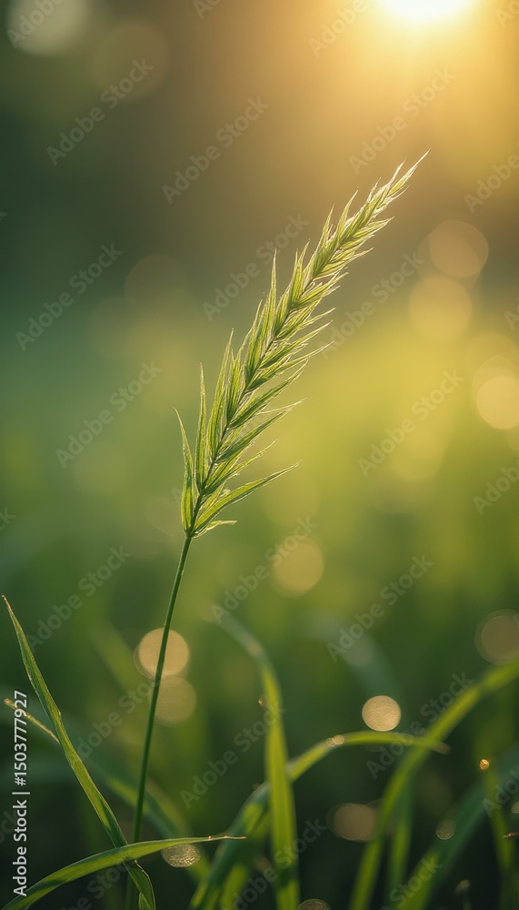 Aufkleber sunlit green grass ear: a serene nature scene with bokeh and soft light