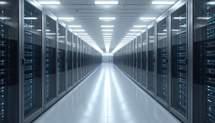 Modern data center corridor, server racks. Advanced tech, organized infrastructure. High-speed computing, data storage, processing, cloud based services. Information tech background for business,